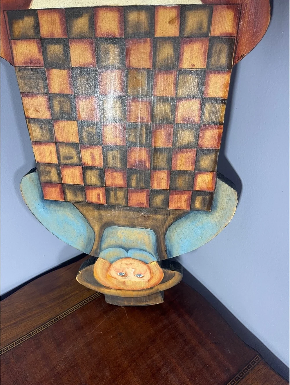 Vintage Hand-Painted Wooden Checkerboard Girl Wall Hanging